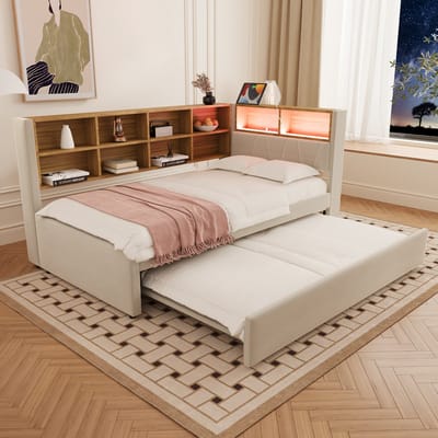 MEUNIQ slaapbank 90x200 cm met uittrekbed 90x190 cm, LED-verlichting, USB en stopcontact, opbergvakken, lattenbodem, bedbank voor slaapkamer, beige