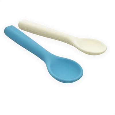 Smikkels - Zachte set babylepels (2 st) - Baby bestek - Veilig Kinderbestek - Duurzaam - Peuterlepel - BPA vrij - Siliconen - Blauw en wit