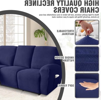 Stretchtopper voor Driezitsbank, Inclusieve Gestreepte Jacquard Bescherming, Geschikt voor Relaxstoelen en TV-stoelen (Blauw, 8 Stuks)