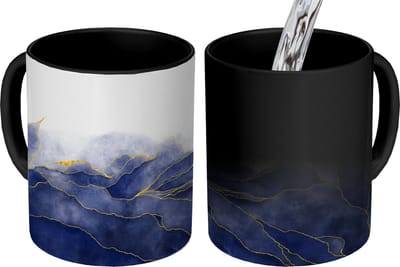 Magische Mok - Foto op Warmte Mokken - Koffiemok - Marmer - Blauw - Marmerlook - Goud - Textuur - Magic Mok - Beker - 350 ML - Theemok