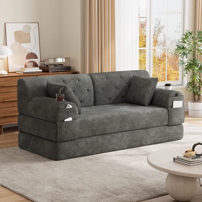 PHOEBE CAT Tweezitsbank - Slaapfunctie - Corduroy - Inclusief 2 bekerhouders - 2 kussens - Grijs