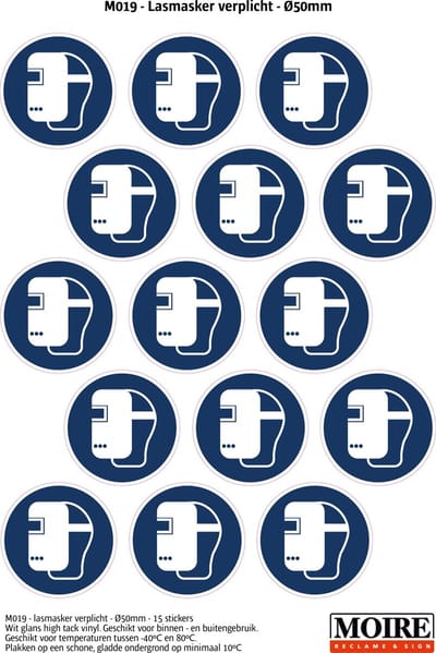 Pictogram sticker 75 stuks M019 - Lasmasker verplicht - 50 x 50mm - 15 stickers op 1 vel