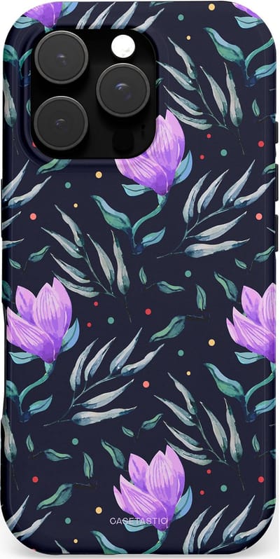 Casetastic hoesje geschikt voor Apple iPhone 16 Pro - MagSafe - Dubbellaagse bescherming - Mystieke bloemenzee - Fashion Case - Donkerblauw Donkergrijs Grijs Lavendel