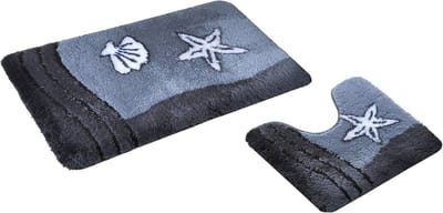 SnelShoppen - 2-delige badmattenset, badmat grijs met uitsparing, Sealife design, luxe badmatten voor badkamer, antislip, snel drogend, ideaal voor ki