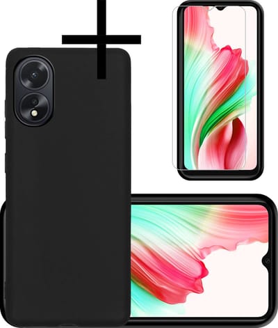 Hoesje - Met Screenprotector - Geschikt voor OPPO A18 - Sterk & Shockproof - Back Cover - Siliconen Case - Telefoon Hoes - Zwart