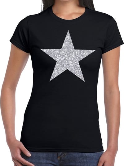 Glitter and glamour ster T-shirt - zilver glitters - zwart - dames - Verkleedkleding - Feestkleding XS