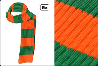5x Sjaal rib gebreid oranje/groen 180cm x 24cm - Carnaval thema feest festival party festival kou winter