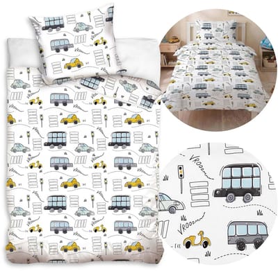 Auto's, autootjes, wit, dubbelzijdig, kinderbeddengoed met ritssluiting, 100% katoen 140x200cm+70x80cm OEKO-TEX