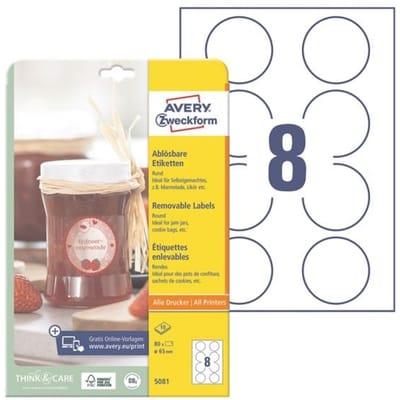 Avery-Zweckform 5081 Universele etiketten Ø 65 mm Papier Wit 80 stuk(s) Weer verwijderbaar Laser (kleur), Laser (zwart/