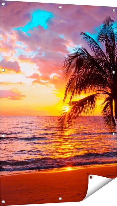 Gards Tuinposter Tropisch Strand tijdens Zonsondergang - 80x120 cm - Tuindoek - Tuindecoratie - Wanddecoratie buiten - Tuinschilderij