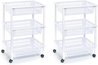 Plasticforte keukentrolley/badkamer trolley - 2x stuks - op wieltjes - 3-laags - wit - kunststof - 40 x 30 x 61,5 cm
