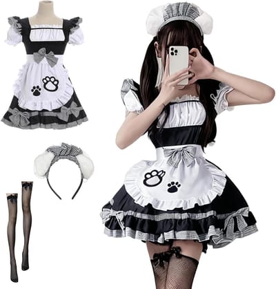Zwart-witte kattenmaid outfit met strik, schattige kattenmeisjes jurk en haarband voor Halloween en carnaval