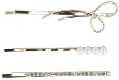 Haarsoires Haarspeld Schuifspeldjes 6cm - Strikje Parel Steentjes - Zilver - Set van 3 - Haarklem - Haarclip - Haaraccessoires voor Dames & Kinderen - Hair Clip - Decoratieve Haaraccessoire