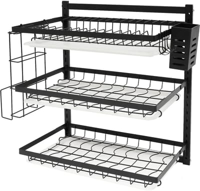 Geargalaxy Wandafdruiprek - 3-Laags Afdruiprek - Keuken Droogrek - Afwasrek - Koolstofstaal - Wandmontage - 42x26x51cm - Zwart