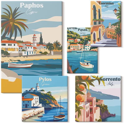 Wallfluent Set van canvas schilderijen - Kustlandschappen met charmante steden in Europa Canvas Schilderijen Set - Set van 5 Canvas Schilderijen - Blauw Set van Canvas Prints - Steden Canvas Kunst Set - Boheemse Canvas Kunst Set