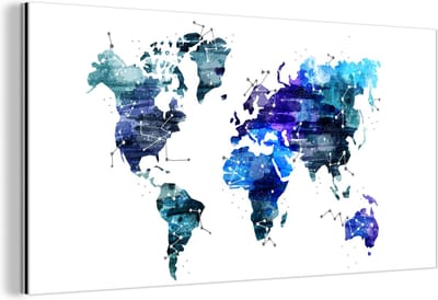 Aluminium schilderij 120x60 cm - Wanddecoratie metaal - Wereldkaart - Sterrenhemel - Blauw - Metalen muurdecoratie woonkamer - Decoratie industrieel - Foto op dibond - Industriële accessoires slaapkamer