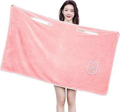 Damesbadjas - Koraalfleece badhanddoek - Dames douche spa wrap - 150*80cm - Zacht en comfortabel - Verdikt waterabsorberend - Drukknoopsluiting - Met zakken - Off-the-Shoulder badjasjurk - Roze