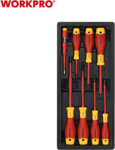 WORKPRO WP209104 VDE Schroevendraaierset – 8-delig – Incl. Spanningszoeker - geleverd in inlay voor gereedschapswagen.