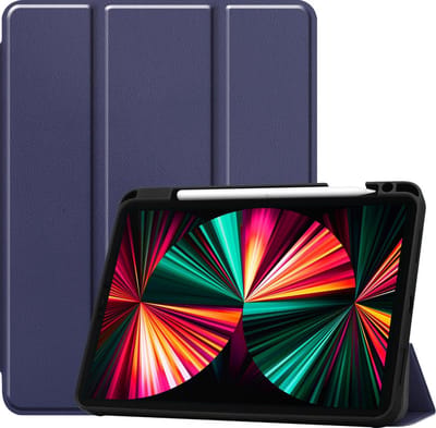 Hoes - Geschikt voor Apple iPad Pro (2021) - 12.9 inch - Dun & Stevig - Trifold Bookcase - Hard Cover Case - Met Uitsparing Geschikt voor Apple Pencil - Hardcover Book - Tablet Hoesje - Donkerblauw