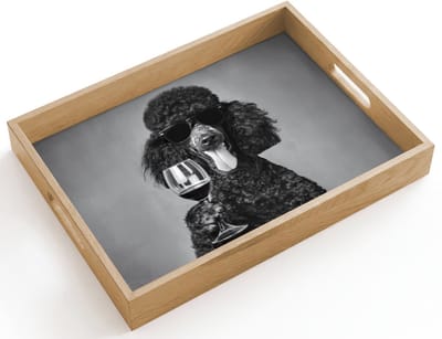 Dienblad hout 40x30 cm - Schootdienblad - Hond - Krullen - Zonnebril - Wijn - Borrelplank rechthoek - Plateau dienbladen