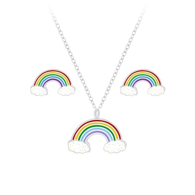 Zilveren regenboog kinderoorbellen en ketting | regenboog oorknopjes Meisje Zilver | kinderketting regenboog | kindersetje oorstekers ketting | kindersieraden meisje sets zilver | Zilverana | Sterling 925 Silver