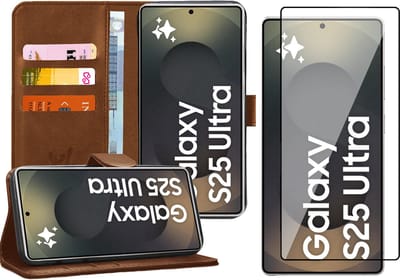Hoesje geschikt voor Samsung Galaxy S25 Ultra - Screenprotector Glas - Portemonnee Book Case Bruin