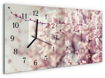 Tulup Wandklok - Kersenbloesems Klok Glas Met Opdruk - 60x30 cm - Roze Moderne Wandklok Glas - Zwarte Handen - Rechthoekige Wandklok - Moderne Wandklok Glas - Wandklok Glas Decoratie
