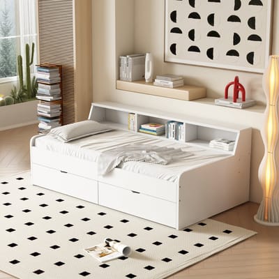 Slaapbank 90x200 cm - eenpersoonsbed - met twee lades - met opbergruimte - wit - zonder matras