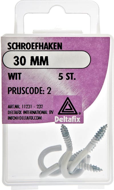 Deltafix Schroefhaken - 5x - verzinkt metaal - wit - 30 mm - ijzerwaren bevestigingsmaterialen