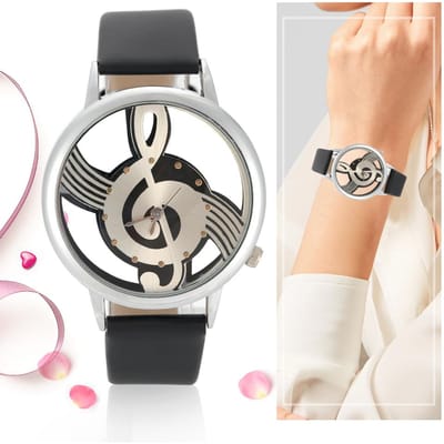 Montre Couple Analogique Quartz 2 Couleurs Cadran Rond Creux Note de Musique Bracelet PU noir