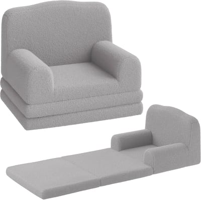 Opvouwbare 2-in-1 Kinderbank van Sherpa - Comfortabele Schuimfauteuil om te bouwen tot Lounger - Ideaal voor Kinderkamer & Speelkamer - Grijs