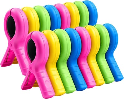 16 stuks handdoekklemmen voor strandligstoelen, wasknijpers, groot, in 4 kleuren, winddichte klemmen voor strandligstoelen, ligstoelen, beddengoed, tapijten en kleding