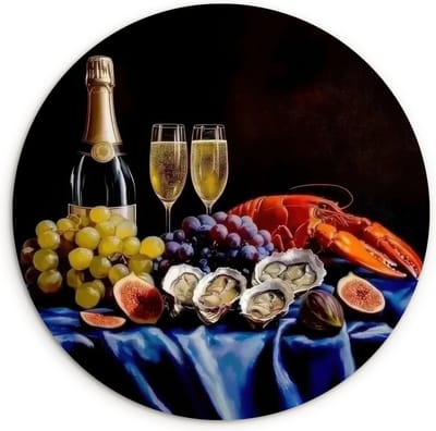 WallCircle® Wandcirkel 120x120 cm - Muurcirkel Champagne - Luxe - Oesters - Muurdecoratie woonkamer - Wanddecoratie slaapkamer - Kamer decoratie accessoires - Ronde schilderijen XXL