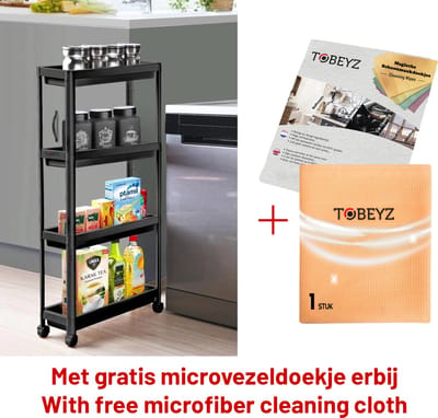 Tobeyz - Slim Opbergtrolley - Zwart Keukentrolley op Wieltjes - Keukentrolley - Badkamer trolley - Opbergrek 4 Laags - Met gratis microvezeldoekje