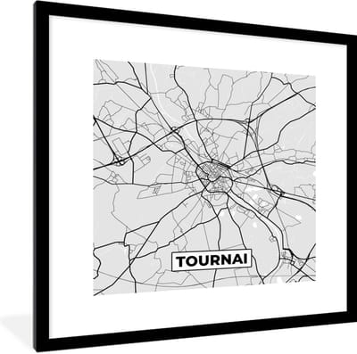 Fotolijst incl. Poster Zwart Wit- Zwart Wit – België – Plattegrond – Stadskaart – Kaart – Tournai - 40x40 cm - Posterlijst