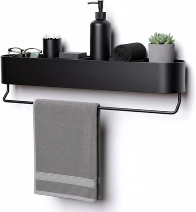 Doucherek met handdoekstang, 58 cm, aluminium badkamerplank met afvoergaten voor shampoo, douchegel en etherische oliën, zwart en praktisch ontwerp