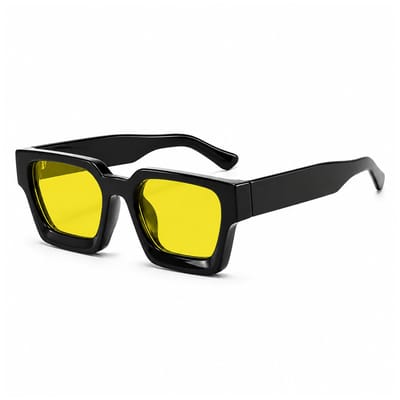 MoodLux Zonnebril Zwart - Unisex - Rechthoekig Montuur met Gele Glazen - Retro Festivalbril - UV400 Bescherming