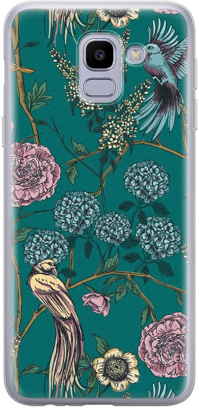 Hoesje geschikt voor Samsung Galaxy J6 (2018) - Vogels Japanse bloemen - Soft Case - TPU - Bloemen - Blauw - Mooie Telefoonhoesjes