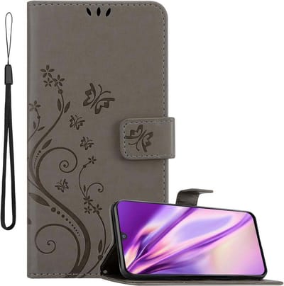 Cadorabo Hoesje geschikt voor Samsung Galaxy M30 / A40s in BLOEMEN GRIJS - Beschermhoes in bloemmotief met magnetische sluiting, standfunctie en kaartsleuven Book Case Cover Etui