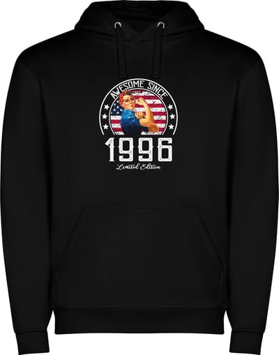 Zwarte unisex hoodie met “ Kleurrijke Awesome Since 1996 Limited Edition – Leeftijd – Verjaardag “ Print Full Color Color merk Roly maat S