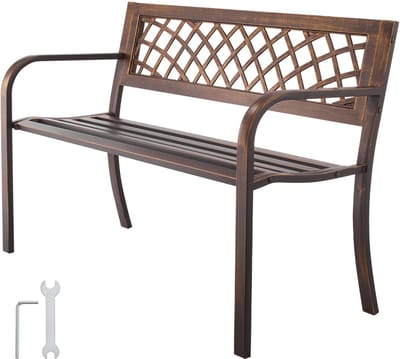 Buitenbank, 116 cm, Duurzaam Frame van Koolstofstaal met Rugleuning van Pvc-Gaas en Gladde Armleuningen, Weerbestendige Zitgelegenheid voor Terras, Tuin, Park, ERF Of Veranda, Antieke Bronzen Afwerking