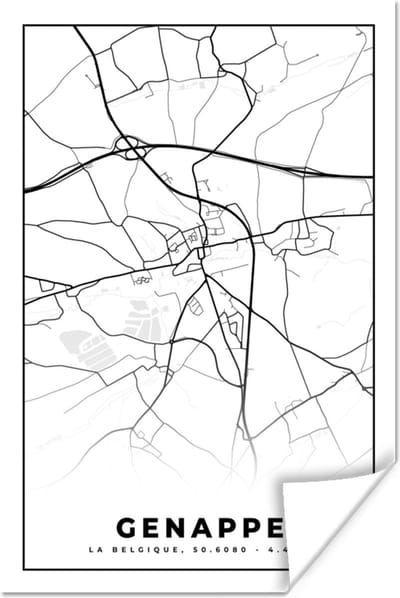 Poster Stadskaart – Plattegrond – België – Zwart Wit – Genappe – Kaart - 120x180 cm XXL