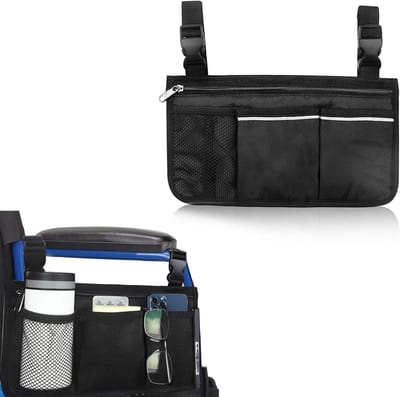 Wheelchair Bag, Wheelchair Accessories, Portable Armrest, Wheelchair Bag with 3 Compartments, Cup Holder and Reflective Stripes, Storage Bag for Wheelchairs, Pushchairs,
