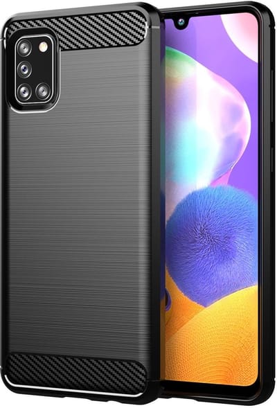 Cadorabo Hoesje geschikt voor Samsung Galaxy A31 in Brushed Zwart - Beschermhoes van flexibel TPU siliconen in roestvrij staal-carbonvezel look Case Cover