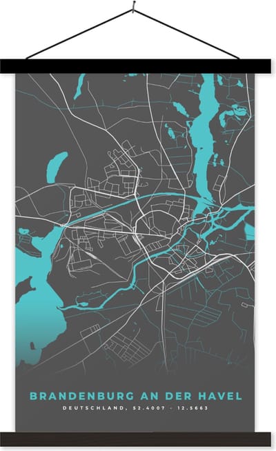 Posterhanger incl. Poster 40x60 cm - Schoolplaat - Blauw – Duitsland – Plattegrond – Stadskaart – Kaart – Brandenburg an der Havel - Textielposter - Zwarte latten - Stadskaart