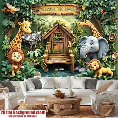 Jungle Avontuur Wandkleed Cartoon Dier Leeuw Giraf Olifant 2D Platte Print Perzikhuid Wanddecoratie Kinderkamer Speelkamer 100x75cm brown