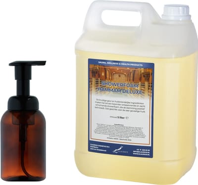 Foam Zeepdispenser 300 ml amber bruin hervulbaar + 5 liter Foam Hammam Deluxe navulling