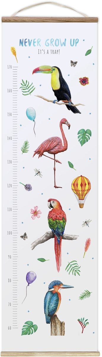 World of Mies - Groeimeter Never grow up - vogels blauw - textielposter - kinderkamer