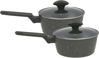 Steel en sauspannen set - 2x stuks - zwart marble - D18 cm en D16 cm - aluminium - melk pan