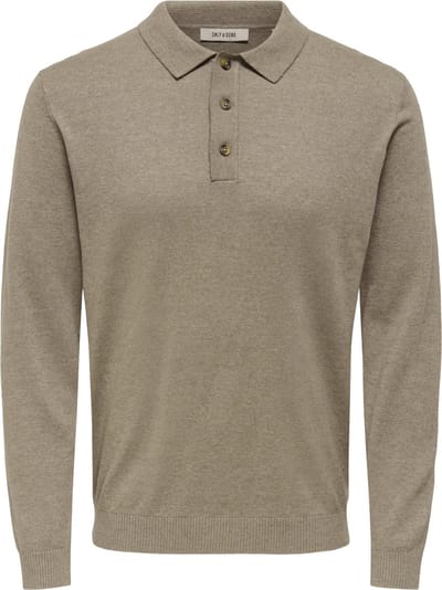 Only & Sons taupe heren polo   Rib kraag   Regular fit   Gemeleerd patroon   Knoopsluiting   Lange mouw Taupe M